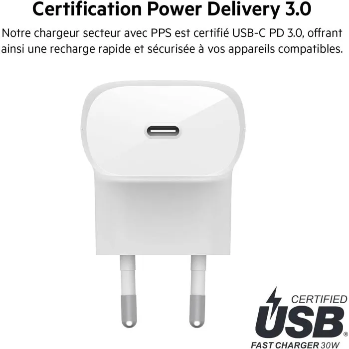 Belkin Chargeur Secteur USB-C 30 W Blanc, Recharge Rapide