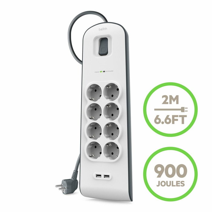 Multiprise 8 Prises avec Interrupteur Belkin BSV804VF2M USB x 2 Blanc (2 m) Multiprise 8 Prises avec Interrupteur Belkin BSV804VF2M USB x 2 Blanc (2 m)