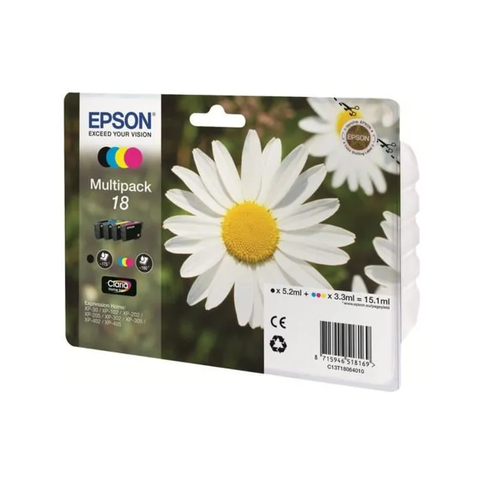Epson Multipack T1806 - Cartouches 4 Couleurs (Noir, Cyan, Magenta, Jaune) - Ref: C13T18064012 Epson Multipack T1806 - Cartouches 4 Couleurs (Noir, Cyan, Magenta, Jaune) - Ref: C13T18064012