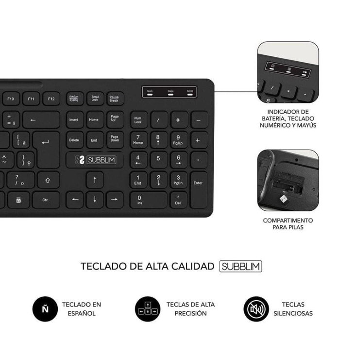 Clavier et souris sans fil Subblim SUBKBC-CSSW10 Noir Espagnol Qwerty QWERTY Clavier et souris sans fil Subblim SUBKBC-CSSW10 Noir Espagnol Qwerty QWERTY