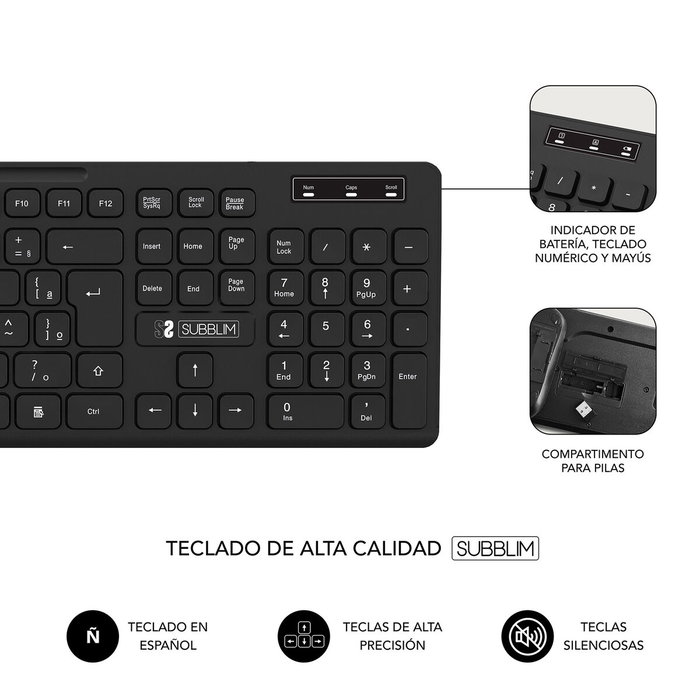Clavier et souris sans fil Subblim SUBKBC-CSSW10 Noir Espagnol Qwerty QWERTY Clavier et souris sans fil Subblim SUBKBC-CSSW10 Noir Espagnol Qwerty QWERTY