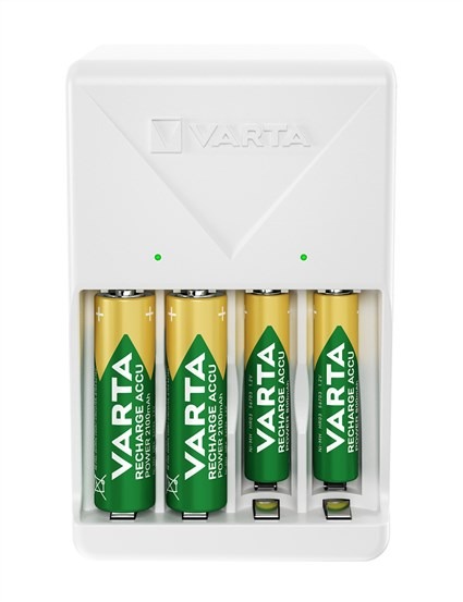 Varta 56706 Chargeur de piles universel 100-240V pour 2 ou 4 piles AA/AAA avec 4 piles AA 2100mAh incluses, charge LED, sécurité Delta V