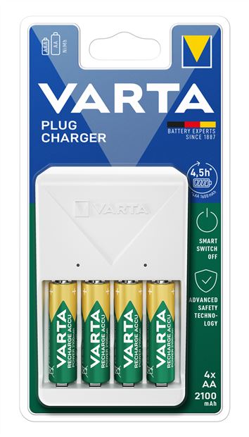 Varta 56706 Chargeur de piles universel 100-240V pour 2 ou 4 piles AA/AAA avec 4 piles AA 2100mAh incluses, charge LED, sécurité Delta V