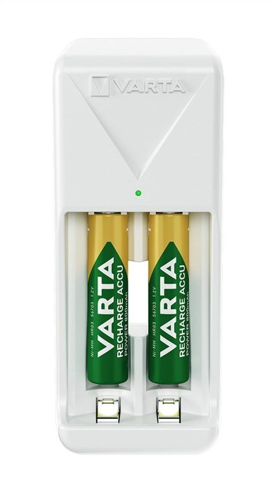 Varta 57656201421 Chargeur de piles avec 2 piles AAA 800 mAh, pour 2 piles AA/AAA, charge lente, sécurité complète, LED, voltage universel