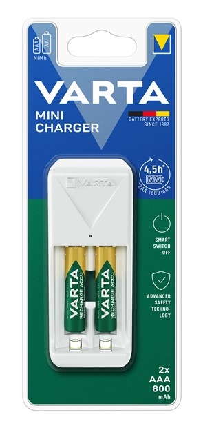 Varta 57656201421 Chargeur de piles avec 2 piles AAA 800 mAh, pour 2 piles AA/AAA, charge lente, sécurité complète, LED, voltage universel