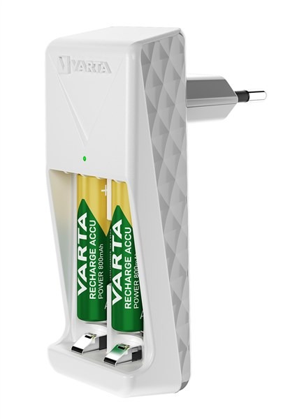 Varta 57656201421 Chargeur de piles avec 2 piles AAA 800 mAh, pour 2 piles AA/AAA, charge lente, sécurité complète, LED, voltage universel