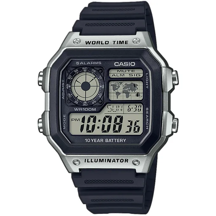 Casio AE-1200WH-1CVEF - Montre en plastique noir avec éclairage LED, chronomètre, 5 alarmes, calendrier automatique et heure universelle