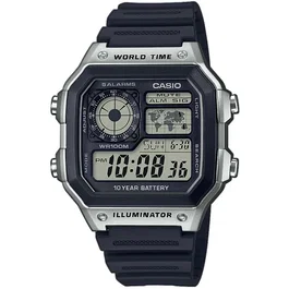 Casio AE-1200WH-1CVEF - Montre en plastique noir avec éclairage LED, chronomètre, 5 alarmes, calendrier automatique et heure universelle