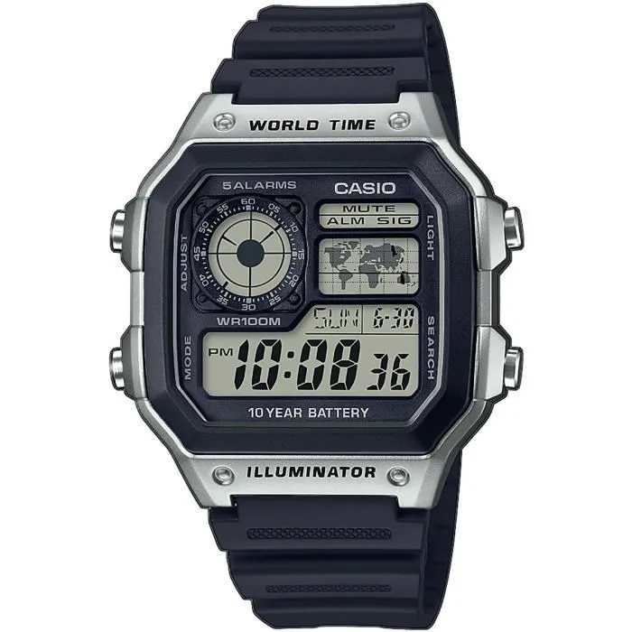 Casio AE-1200WH-1CVEF - Montre en plastique noir avec éclairage LED, chronomètre, 5 alarmes, calendrier automatique et heure universelle