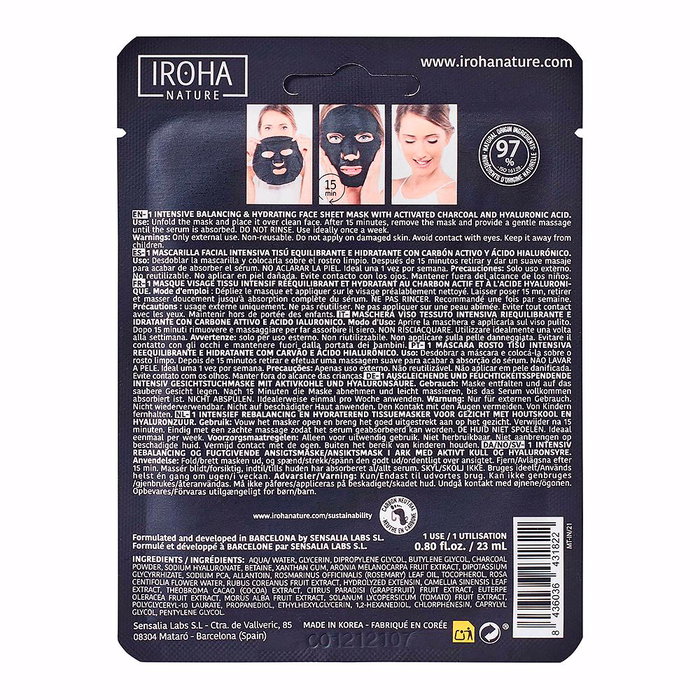 Iroha Masque Visage Détox Charbon Anti-imperfections à l'Acide Hyaluronique - Soin Purifiant pour Peaux Mixtes et Grasses 1 Unité