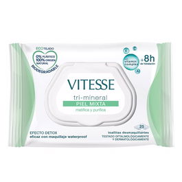 Vitesse Lingettes Démaquillantes TRI-MINERAL PIEL MIXTA pour Peau Mixte, 25 Unités - Nettoyage Profond, Hydratation et Effet Detox