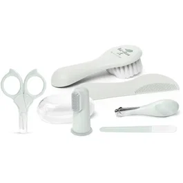 Suavinex BIRDIES - Trousse de toilette Hygge pour bébé dès la naissance (Brosse, peigne, brosse à dents silicone, coupe-ongles, ciseaux, lime) - Vert