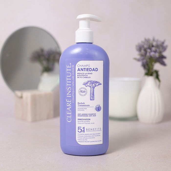 Clearé Institute Shampoing Anti-Âge pour Femme, Soin Capillaire Anti-Vieillissement avec Protéines de Baobab, 400 ml