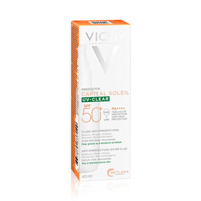 Vichy Capital Soleil UV Clear Fluide Solaire Quotidien SPF 50+ 40 ml - Anti-Imperfections Peaux Grasses/Acneiques
