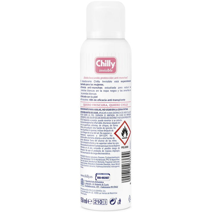 Chilly Déodorant Vaporisateur Invisible Femme Anti-Transpirant 48h Protection Vêtements 150 ml