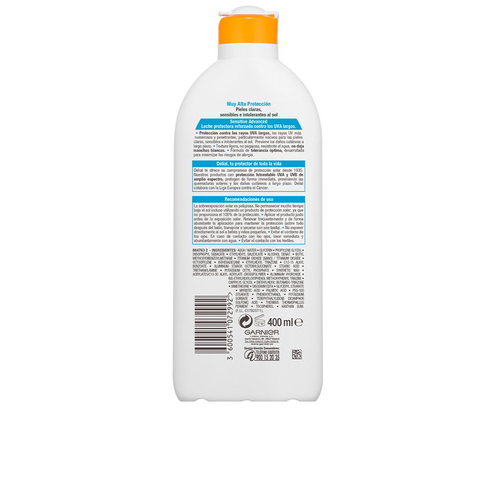 Garnier Delial Sensitive Advanced Lait Solaire SPF50+ 400ml - Protection Très Haute pour Peau Sensible, Hypoallergénique, Sans Parfum, Waterproof