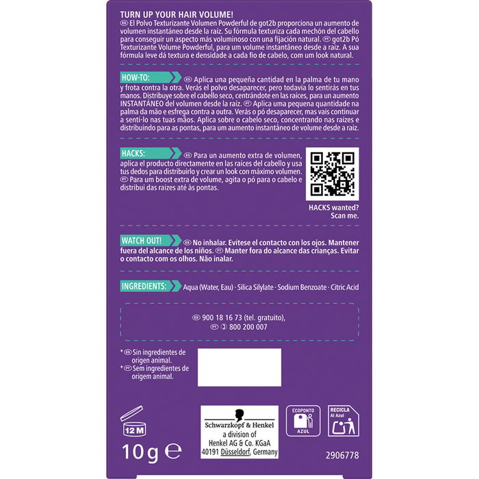 Schwarzkopf Mass Market GOT2B POWDER'FUL Poudre Volumatrice pour Cheveux 10 g