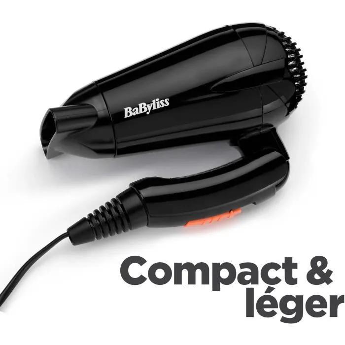 BaByliss Travel Dry 2000 5344E - Sèche-cheveux 2000W compact, léger avec poignée pliable, concentrateur, bi-voltage