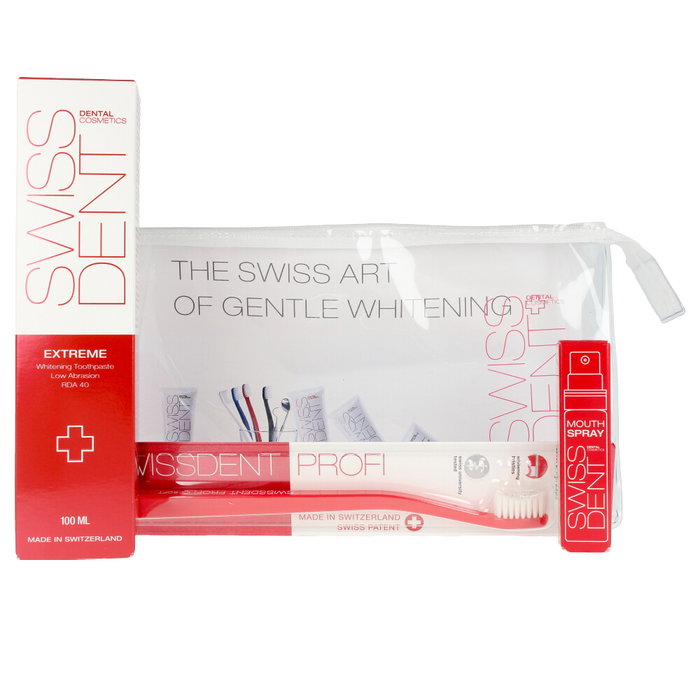 Swissdent Coffret EXTREME 4 pz - Dentifrice, Spray Haleine, Brosse à Dents et Trousse de Toilette Swissdent Coffret EXTREME 4 pz - Dentifrice, Spray Haleine, Brosse à Dents et Trousse de Toilette