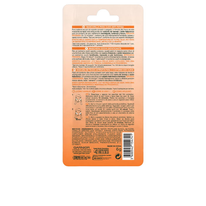 Garnier SKINACTIVE Mascarilla Yeux Antifatigue - 2 Parches con Extracto de Naranja y Ácido Hialurónico
