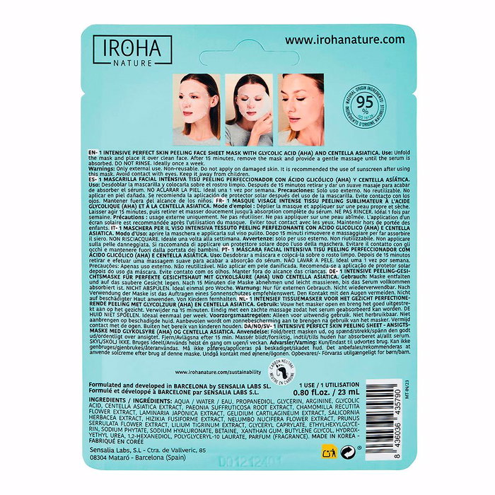 Iroha - Perfect Skin Peeling - Masque exfoliant visage tissu - Acide glycolique & Centella Asiatica - 23 ml - Pour peaux ternes, mixtes à grasses - Rénovation cutanée et éclat