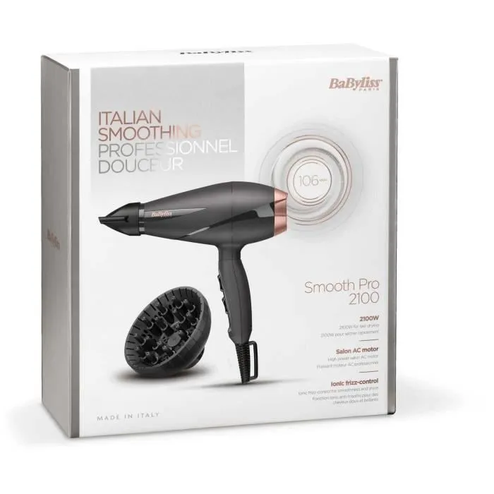BaByliss Smooth Pro 2100 6709DE Seche-cheveux professionnel 2100W, ionique, concentrateur 6mm, diffuseur, 2 températures 2 vitesses, moteur AC, Fabriqué en Italie