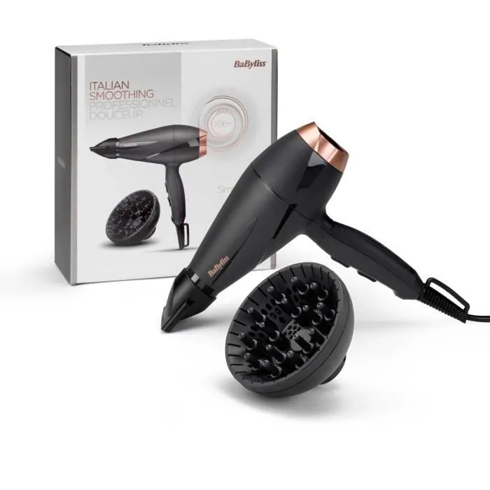 BaByliss Smooth Pro 2100 6709DE Seche-cheveux professionnel 2100W, ionique, concentrateur 6mm, diffuseur, 2 températures 2 vitesses, moteur AC, Fabriqué en Italie