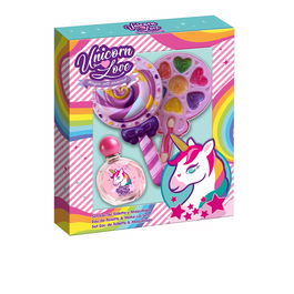 Cartoon UNICORN LOVE Coffret 9 pz - Cosmétiques pour enfant : Eau de toilette, maquillage (ombres à paupières, gloss, blush) et applicateur, design licorne, 3-9 ans