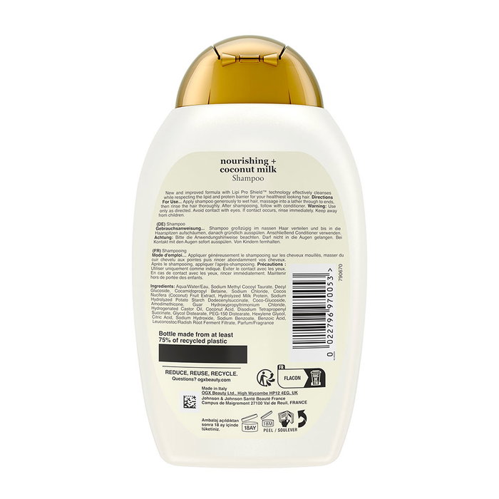 Ogx Shampoing au Lait de Coco pour Cheveux Secs - Hydratation Intense, Force et Éclat - Sans Sulfates ni Parabènes - 385 ml