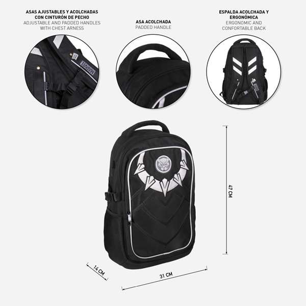 Mochila Avengers Black Panther, sac à dos technique et casual 31 x 47 x 24 cm, polyester