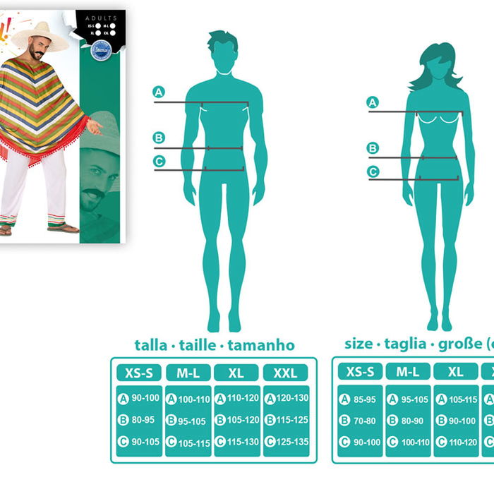 Disfraz Mejicano Hombre Adulto Poncho M-L - Déguisement mexicain adulte homme pour carnaval, 2 pièces (poncho et pantalon) en polyester multicolor
