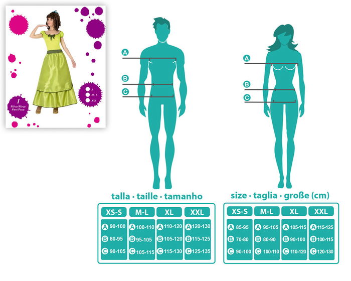 Déguisement Dama Sureña pour Femme Adulte Taille M-L - Pais del Mundo, Vert, en Polyester Déguisement Dama Sureña pour Femme Adulte Taille M-L - Pais del Mundo, Vert, en Polyester