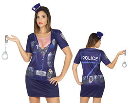 Déguisement T-Shirt Police Femme Adulte en Polyester avec Impression 3D, Design Original pour Carnaval et Fête Déguisée, Tailles XS-S et M-L - Bleu