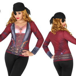 Déguisement - T-Shirt Pirate Adulte Femme, Marron, Impression 3D, Polyester, Taille M-L