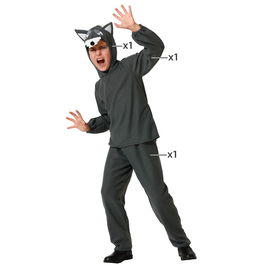 Déguisement Loup Garçon Enfant 7-9 Ans - Costume Carnaval Fantaisie Animal Forêt 3 Pièces (Cagoule, T-Shirt, Pantalon) Gris Polyester
