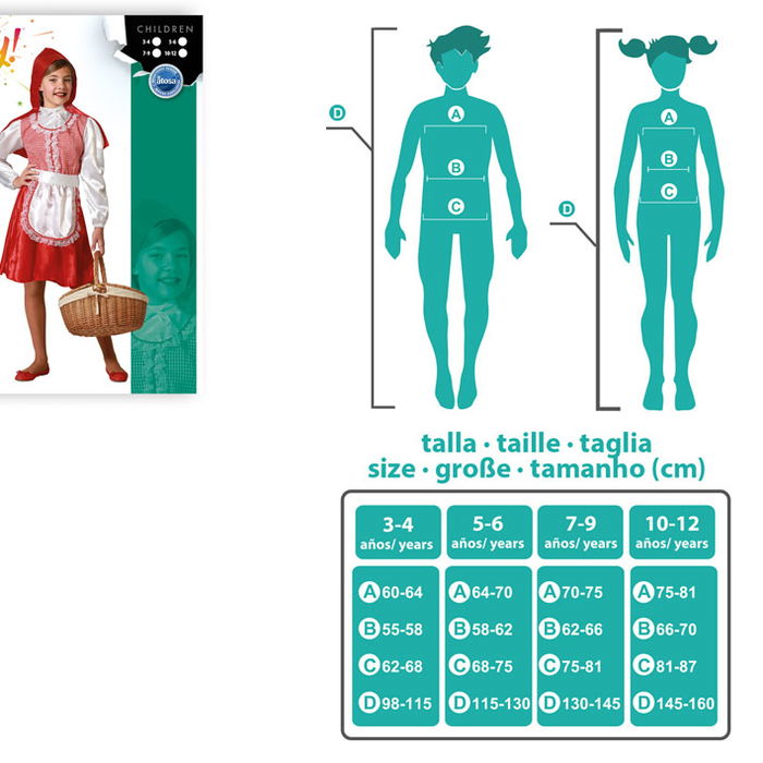 Déguisement Caperucita Roja Fille, Enfant, 10-12 Ans, Rouge, Composé de Cape, Chemise, Tablier et Jupe, Polyester, Thématique Fantaisie