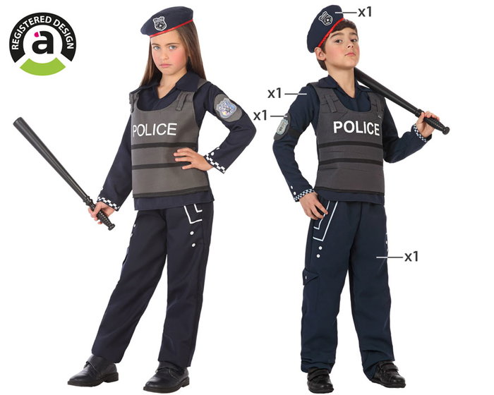 Unisex Déguisement Policier Enfant Original - Ensemble 4 Pièces (Pantalon, Veste, Brassard, Casquette) en Polyester - Taille 10-12 Ans