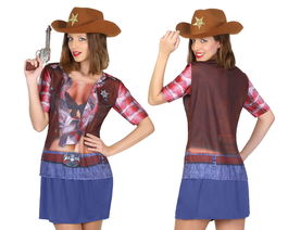 Déguisement Femme T-shirt 3D Vaquera Western avec Impression 3D - Taille XS, S, M, L, Couleur Marron, 100% Polyester, Costures Renforcées