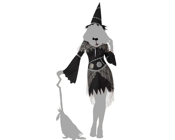 Telaraña Disfraz - Déguisement de Sorcière Halloween pour Femme Adulte - Noir - Ensemble avec Robe, Chapeau et Collier - Taille XS-S