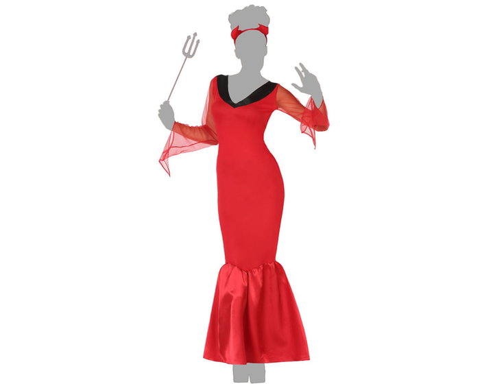 Demonia - Déguisement Femme Adulte Halloween Rouge - Robe Longue avec Diadème à Cornes - Taille M-L