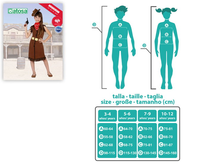 Disfraz Vaquera - Déguisement de cow-girl fille marron 3-4 ans en polyester - Ensemble 3 pièces (vestido, cinturón, pañuelo) - Thème Far West