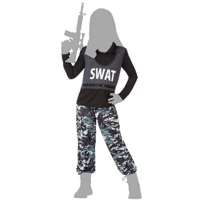 Déguisement policier SWAT original pour enfant unisex 10-12 ans noir, costume de fête 2 pièces (t-shirt et pantalon)