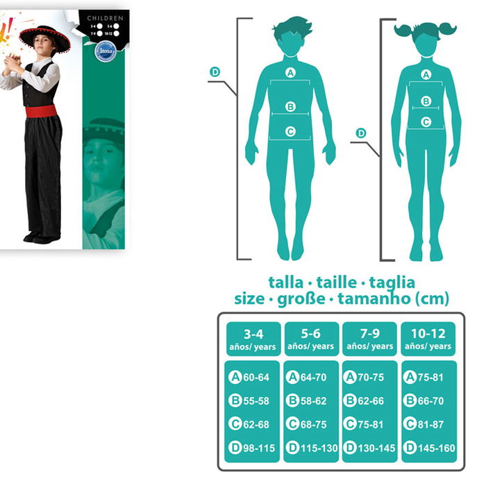 Déguisement Cordobès Andalou pour Garçon Enfant 5-6 Ans, Costume Traditionnel Espagnol avec Chemise, Gilet, Ceinture et Pantalon Rayé