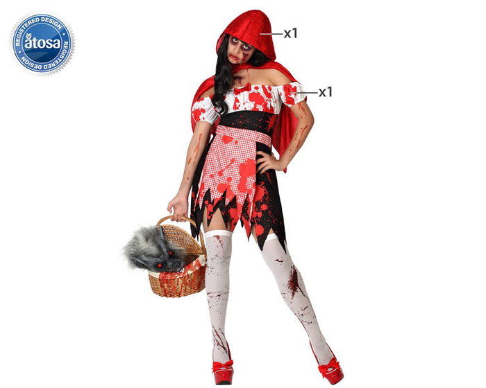 Déguisement Halloween femme adulte, déguisement Caperucita Roja Sangrienta (Petit Chaperon Rouge sanglant) - Taille XL, ensemble cape et robe multicolore en polyester
