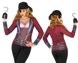 Déguisement T-shirt Pirate Femme Adulte XS-S, Impression 3D, Polyester Marron, Costures Renforcées, Pour Fêtes et Carnavals