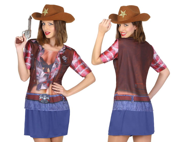 Déguisement femme cow-girl adulte, T-shirt à impression 3D motif Far West, polyester marron, taille XS-S Déguisement femme cow-girl adulte, T-shirt à impression 3D motif Far West, polyester marron, taille XS-S