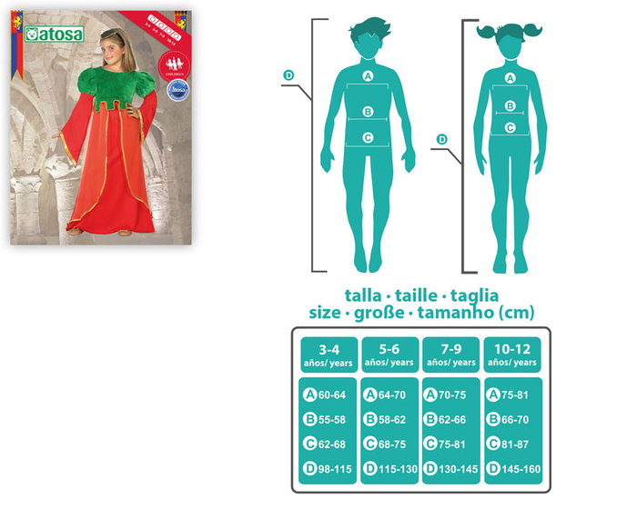 Déguisement Dame Médiévale pour Fille 3-4 Ans Vert et Rouge - Diadème et Robe en Polyester