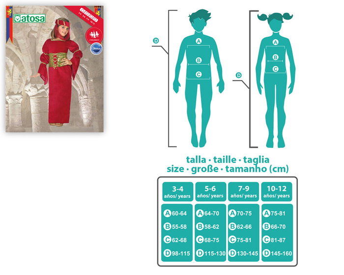 Déguisement Dame Médiéval Fille Enfant Rouge Taille 5-6 Ans - Costume Fête Carnaval 2 Pièces (Toc et Robe) en Polyester