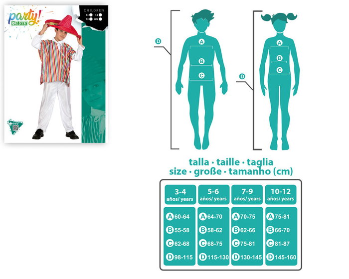 Déguisement Mexicain pour Garçon Enfant - Costume 2 Pièces (Poncho et Pantalon) - Taille 3-4 Ans - Multicolore - Polyester