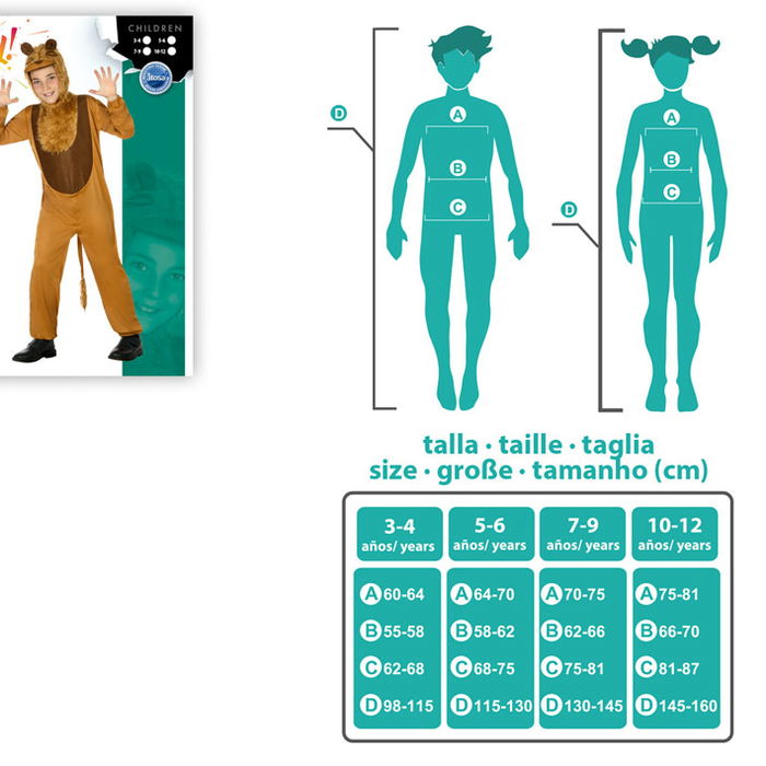 Déguisement Lion Unisexe Enfant 10-12 Ans - Costume de Carnaval 3 Pièces (Mono, Queue, Cagoule) en Polyester